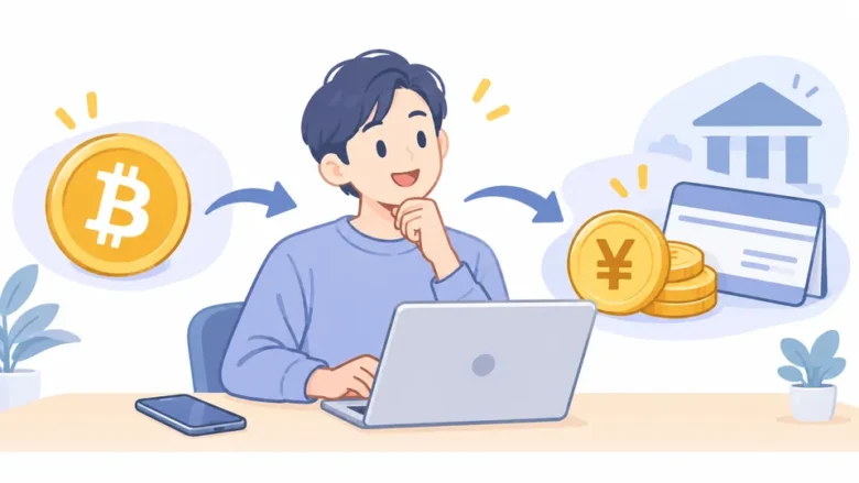 ビットコインを日本円に換え、銀行への出金を別途行う流れのイラスト