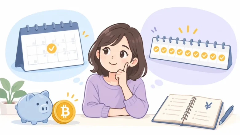 月イチと毎日の積立プランを家計に合わせて比較するイラスト