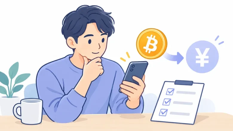 スマートフォンでビットコインの売却内容を確認するイラスト