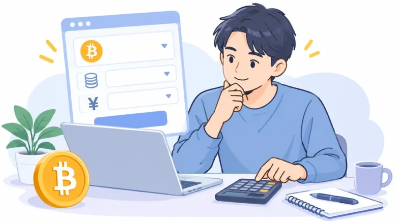 パソコンでビットコインの売却価格と数量を確認するイラスト