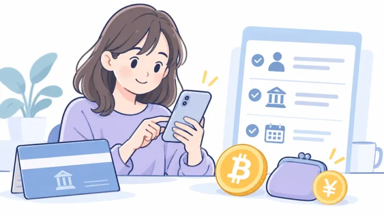 スマートフォンと銀行口座の情報を用意して積立を設定するイラスト