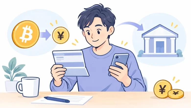 スマートフォンと通帳で出金先の銀行口座を確認するイラスト