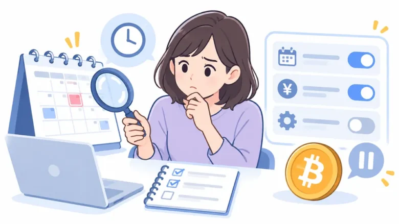積立の変更や停止をする前に締切と設定を確認するイラスト