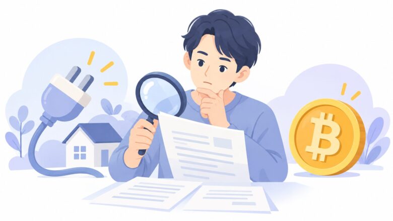 電気の契約条件とビットコインの注意点を確認するイラスト