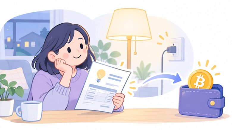 電気料金に応じたビットコインをウォレットで受け取る仕組みのイラスト