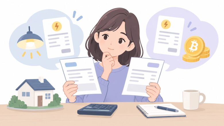 電気料金の請求書を電卓で比較し、ビットコイン還元を含めて検討するイラスト